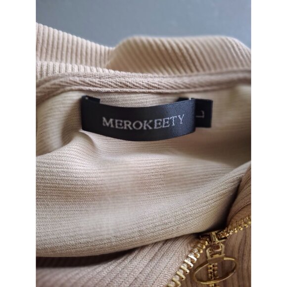 MEROKEETY Womens Quarter Zip Collared Pullover Sweater LBeige Ribbed Minimalist - Picture 4 of 8
